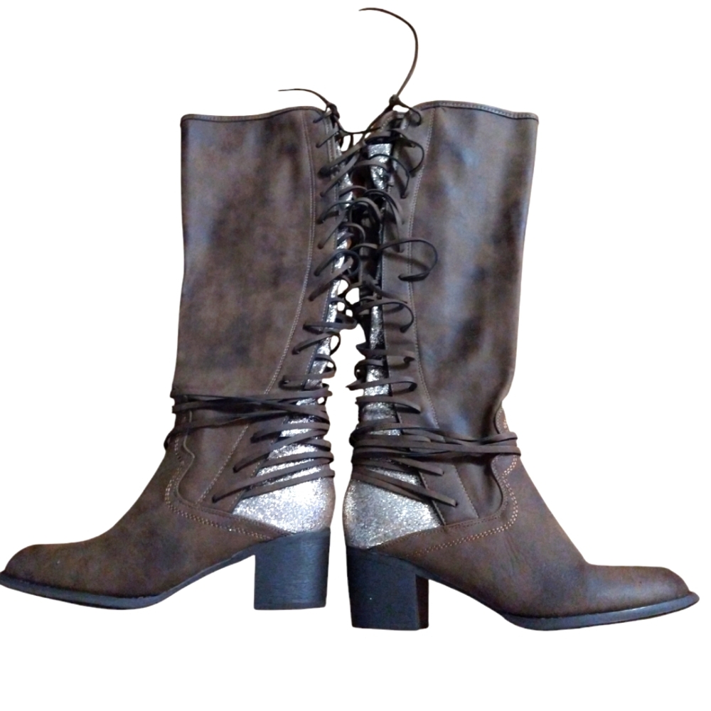Southern Fried Chicks Glory Lace Back Silver Glitter Brown Leather Boot